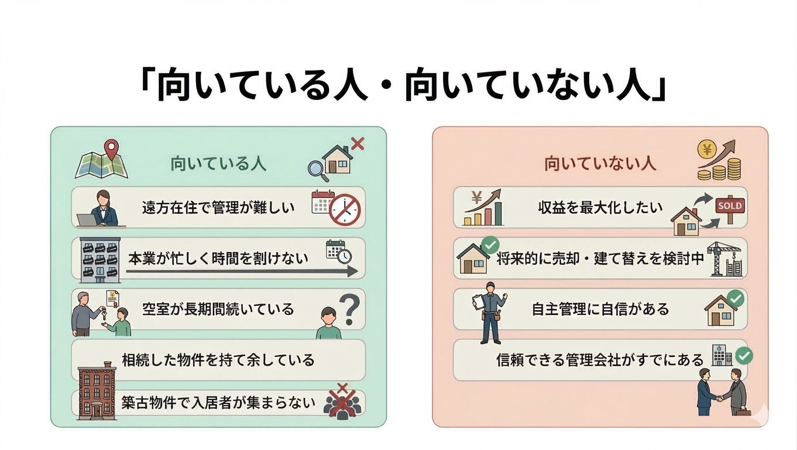 サブリースが向いている人・向いていない人の比較図